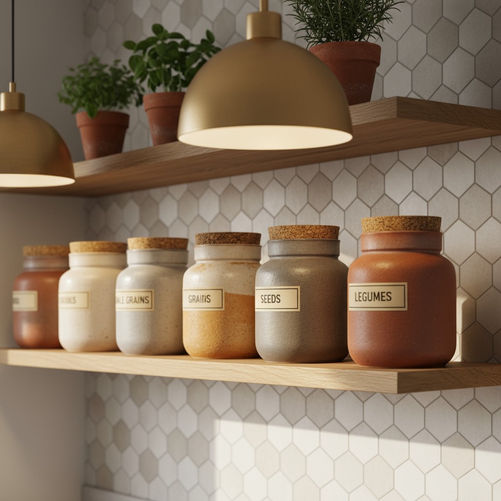 spacious kitchen with wooden shelves displaying jars of grains, seeds, and legumes.