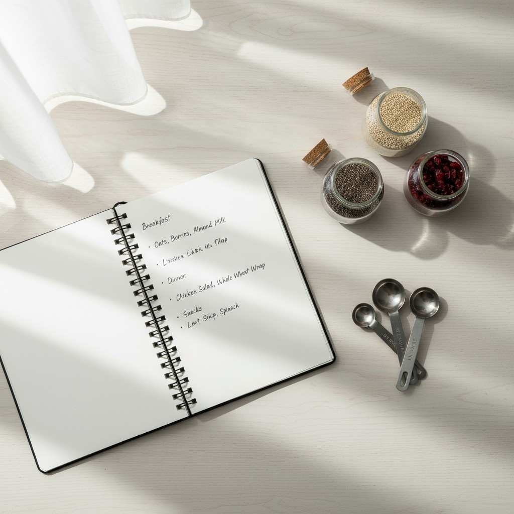 A notebook with a meal plan, measuring spoons and three small glass containers with chia seeds.