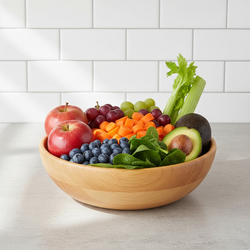 A bowl of fresh fruits and vegetables, including apples, blueberries, carrots, celery, avocados, and spinach.