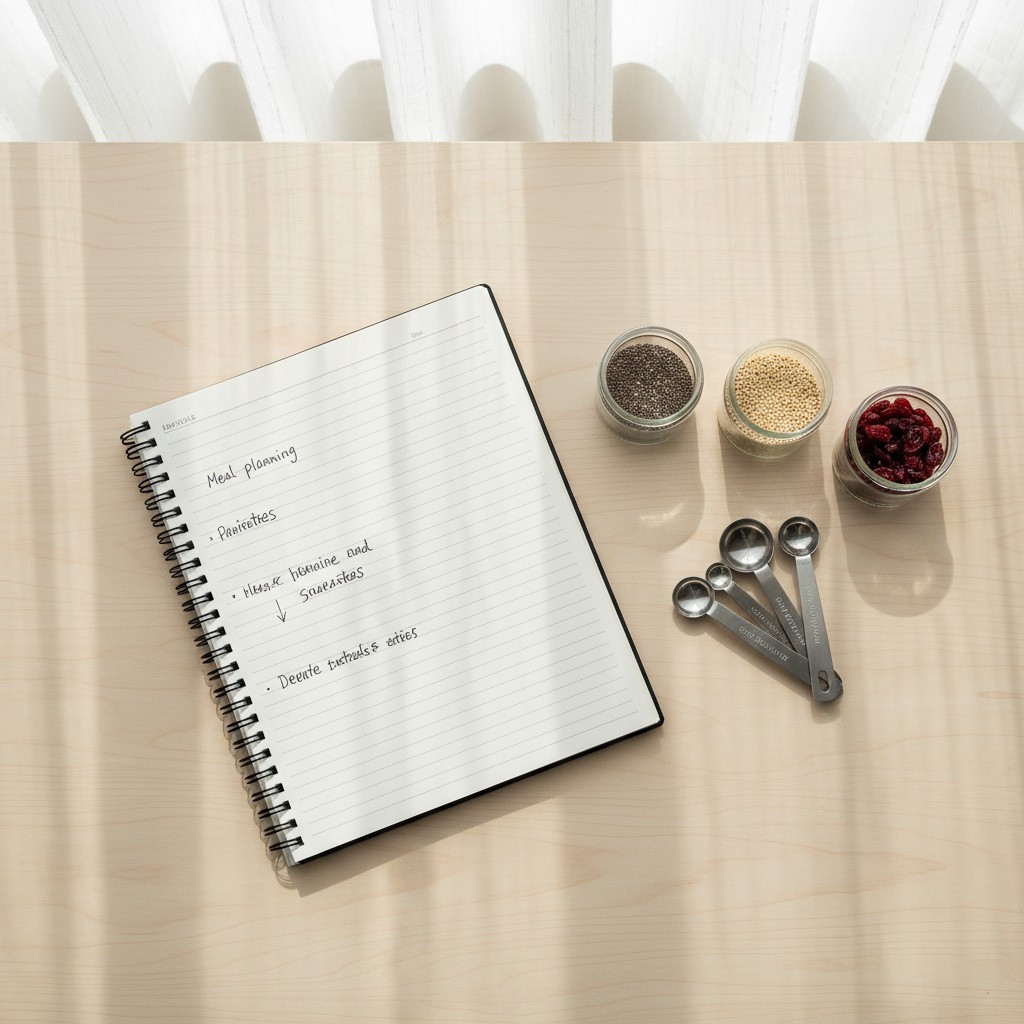 An overhead view of a notepad, jar of chia seeds, jar of quinoa, jar of cranberries and measuring spoons on a light wood t...
