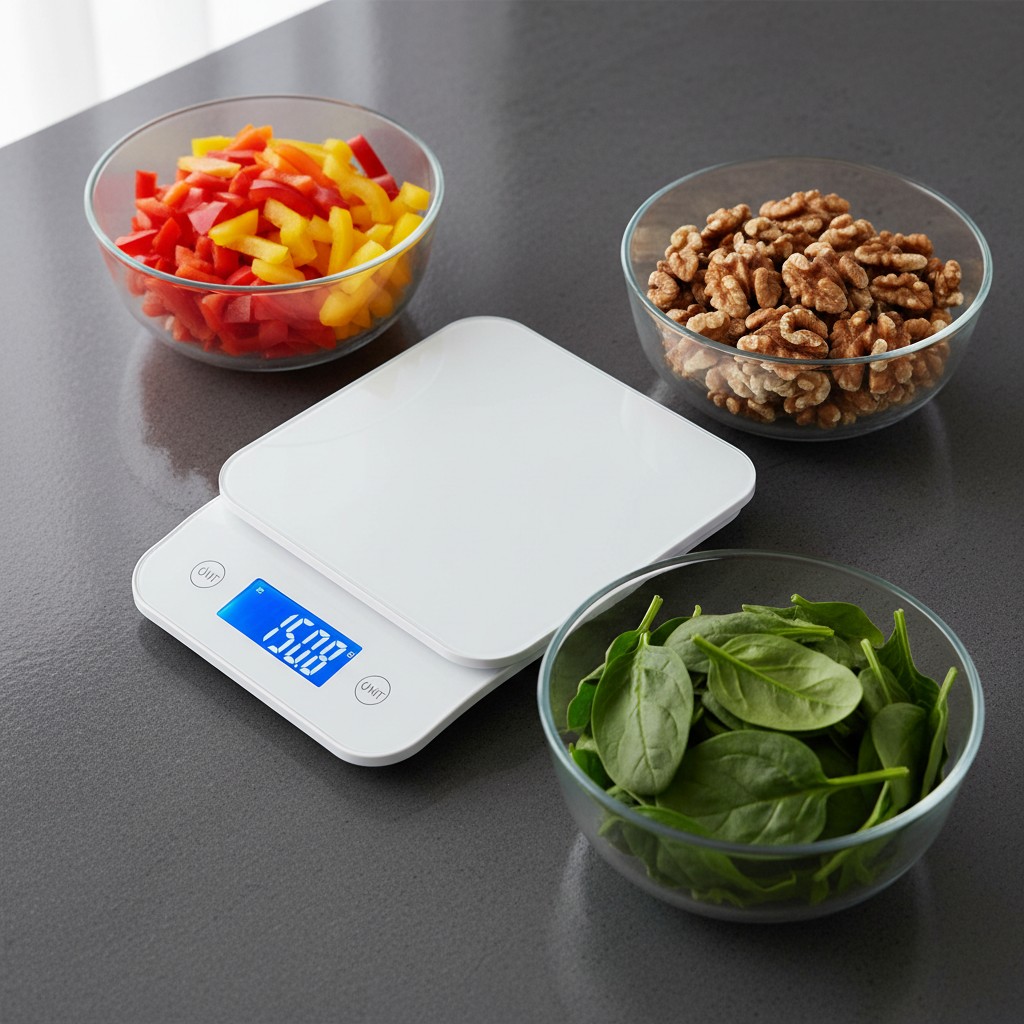 A digital kitchen scale with blue glyphs sits on a gray countertop. To the left is a glass bowl full of red and yellow pep...