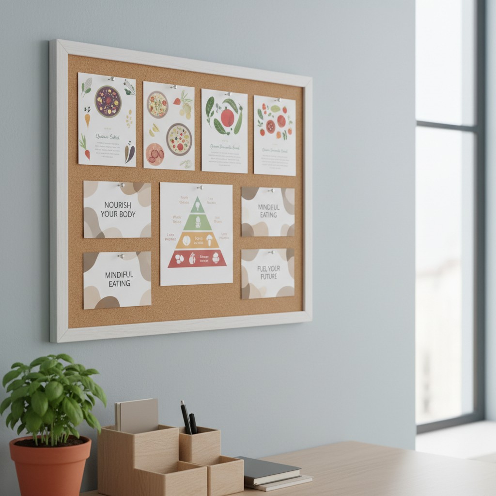 A framed bulletin board featuring health-related charts and phrases, such as "Nourish Your Body," on a light blue wall wit...