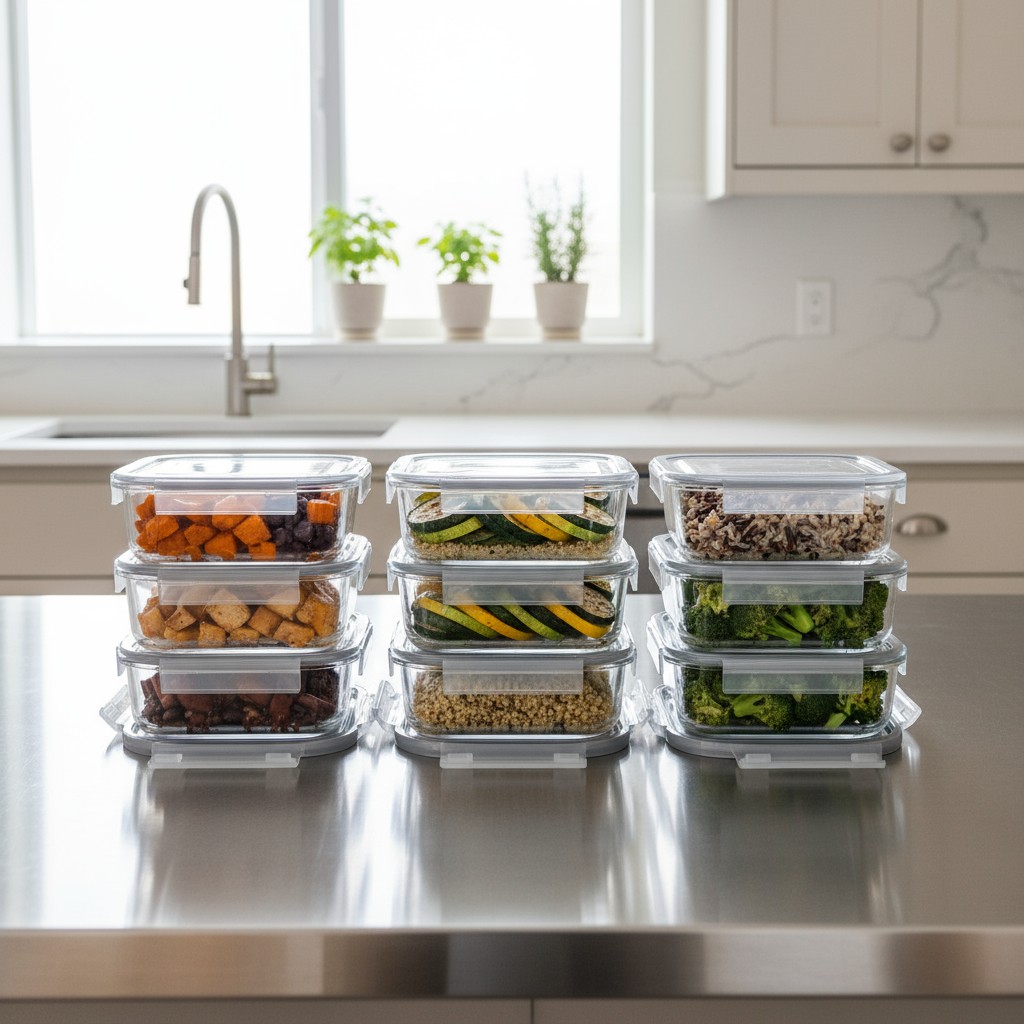 A set of clear plastic containers filled with various vegetables, arranged on a kitchen counter.