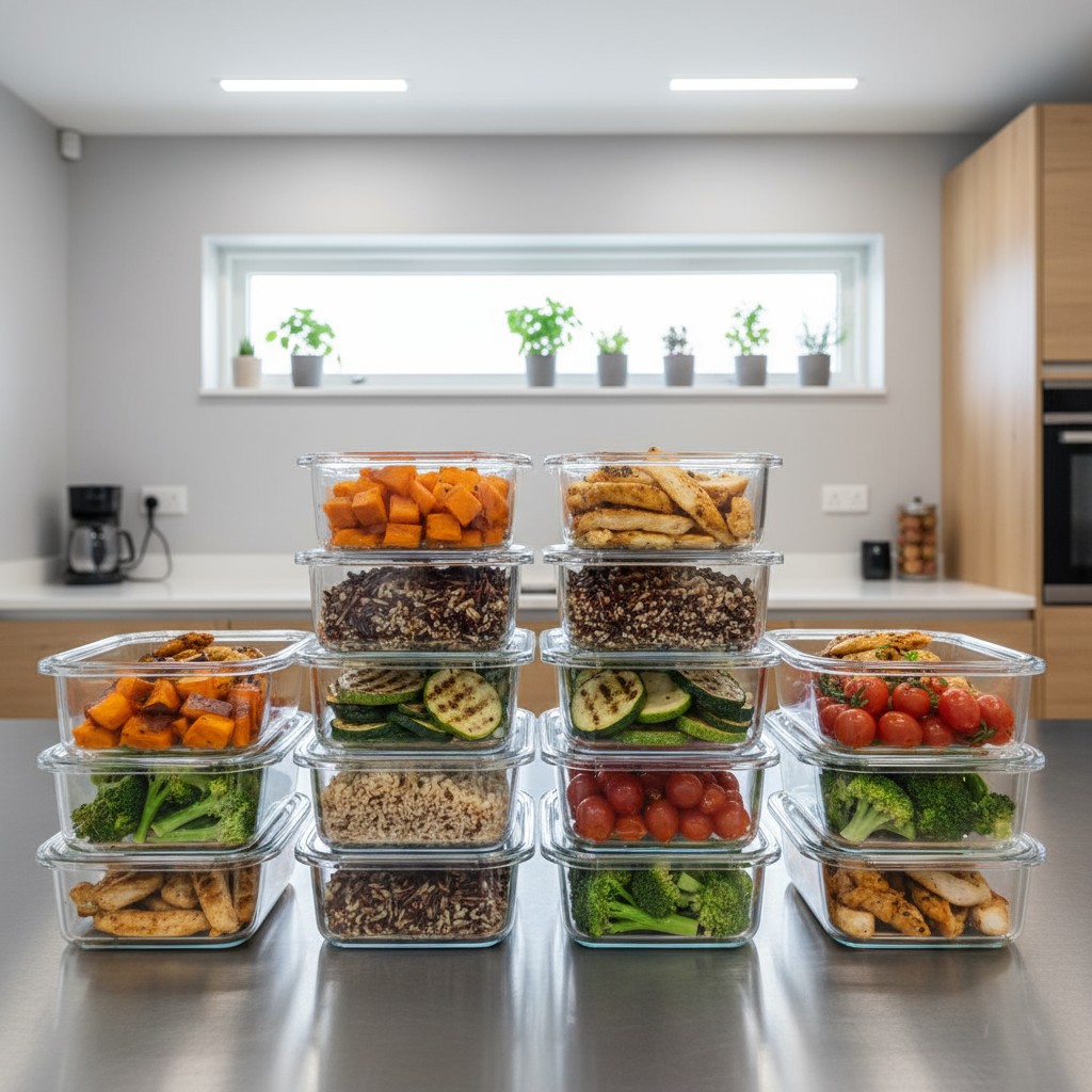 clear containers containing different raw vegetables are neatly stacked on a kitchen countertop.