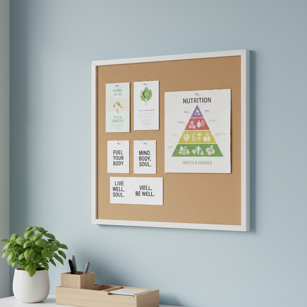 A corkboard with various paper notes and illustrations on it, accompanied by a small plant to the left and a light-colored...
