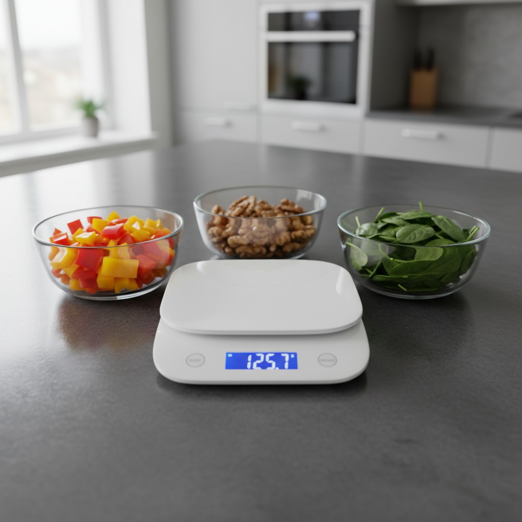 A digital kitchen scale with the following weights' measurements displayed on the screen: 12.57 Inches from the left: Clea...